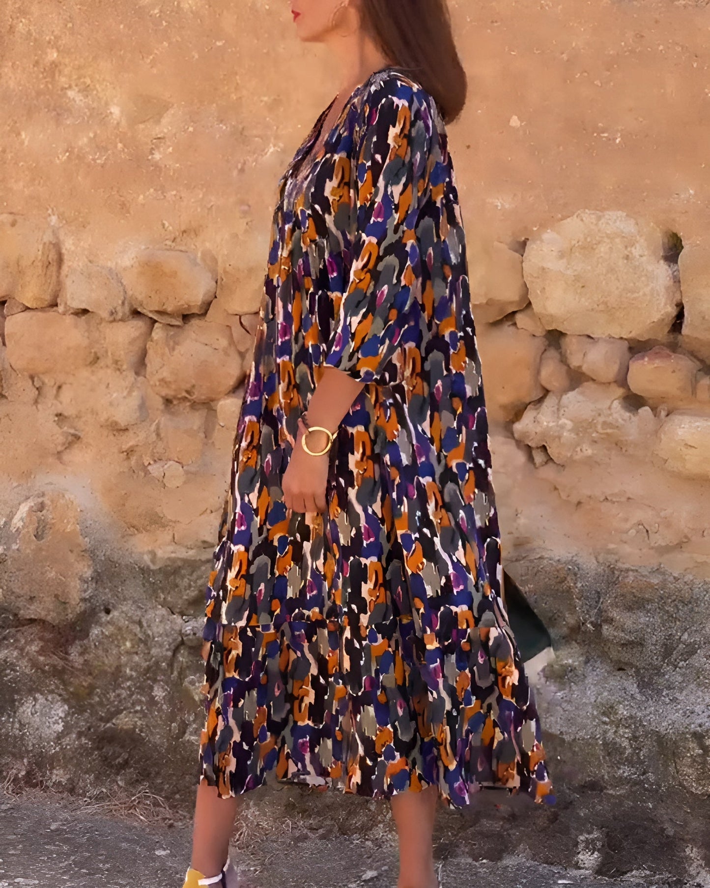 Nathalie | 復古圖案 V 領連衣裙