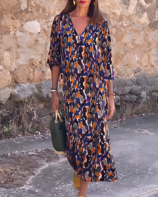 Nathalie | 復古圖案 V 領連衣裙